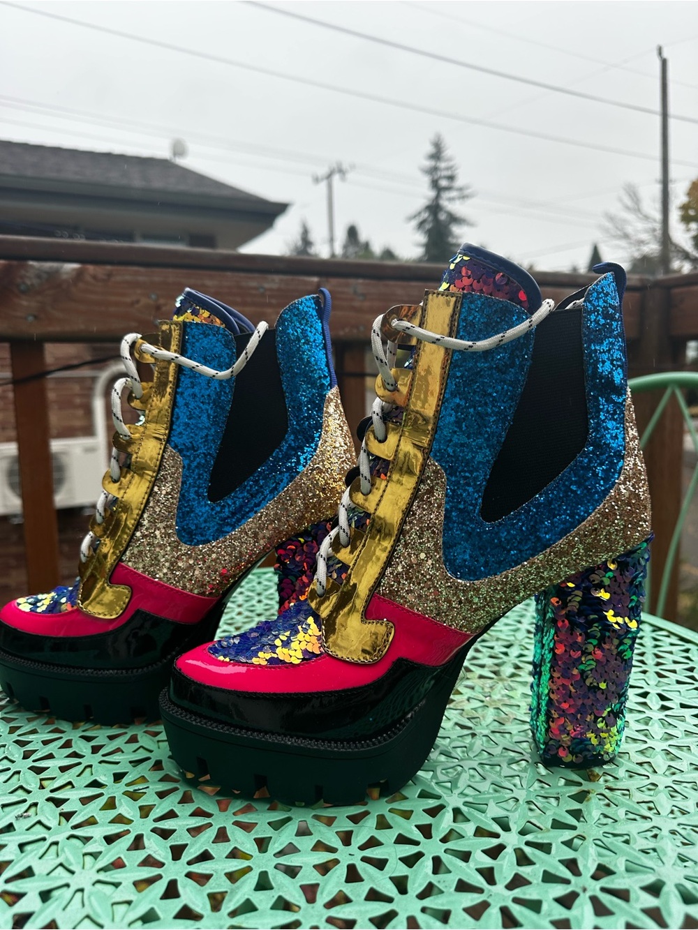 Statement Glitter Platform Ankle Boots in Blue, Gold & Pink